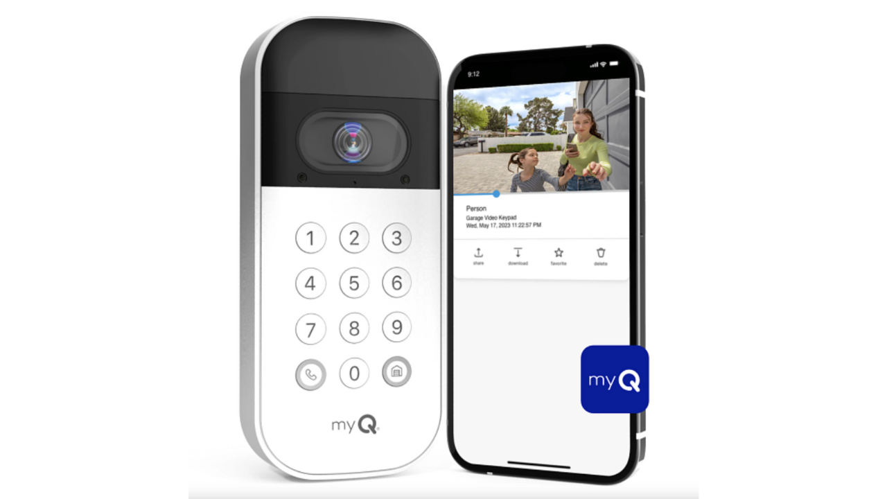 best garage door opener shown next to smart phone with garage door opener app open on screen